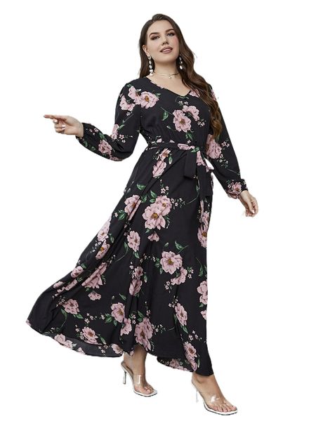 

plus floral print belted dress w2iy#, Black