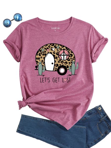 

leopard & slogan graphic tee w1q8#, White