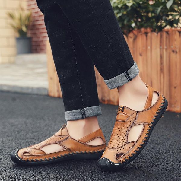 

sandals summer men's jelly men outdoor indoor leather cork rubber safety mens sandles genuine slides black