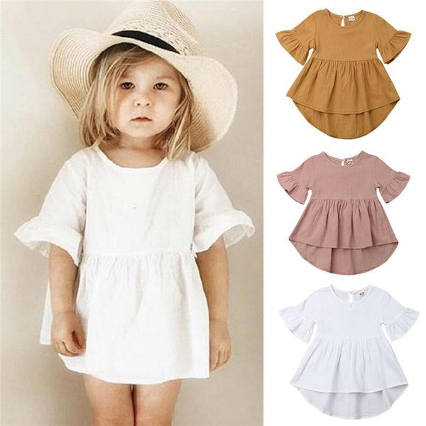 Mädchenkleider, lässig, für Kinder, Babys, schlichtes Kleid aus Baumwolle und Leinen, Sommer, Rüschen, Aufflackernärmel, asymmetrisch, solides Sommerkleid, 1–5 Jahre. Mädchen