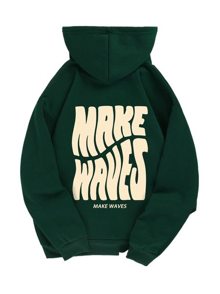 

letter graphic kangaroo pocket drawstring thermal hoodie 59hp#, Black