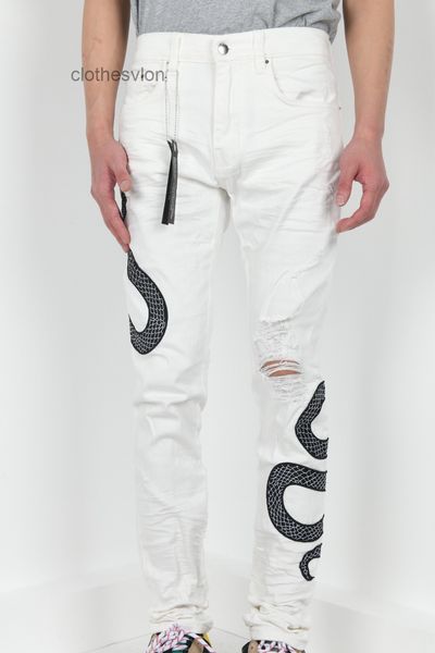 

amirs 2022 designer jean jeans amirsy style embroidery black snake leather white slim fit washing cut hole pants, Blue