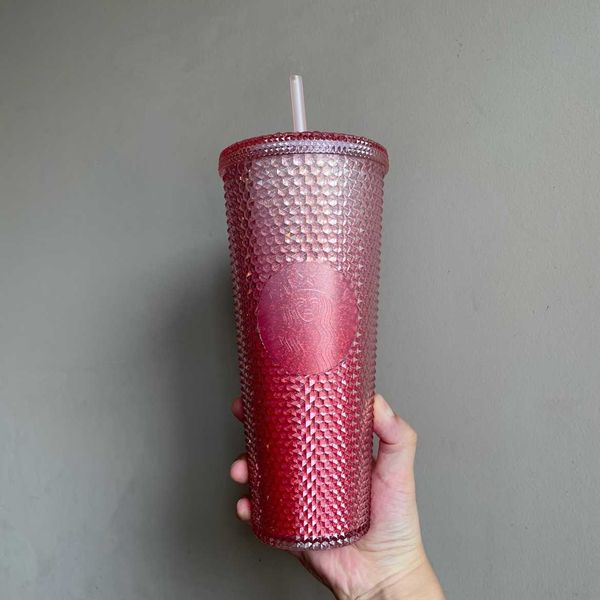 

2021 starbucks cup summer new pink durian gradient plastic straw water cup 710ml