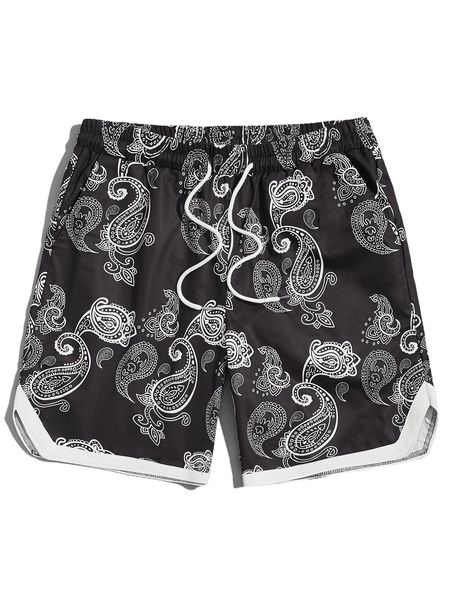 

romwe guys paisley drawstring shorts 48rx#, White;black