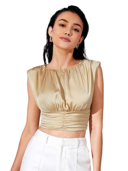 

keyhole back ruched bust shoulder padded t7tk#, White
