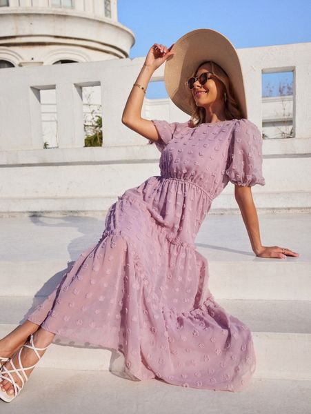 

swiss dot ruffle hem puff sleeve chiffon dress a1bd#, Black;gray