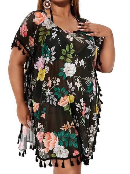 

plus floral print tassel trim cover up without bikini 52yq#, Black