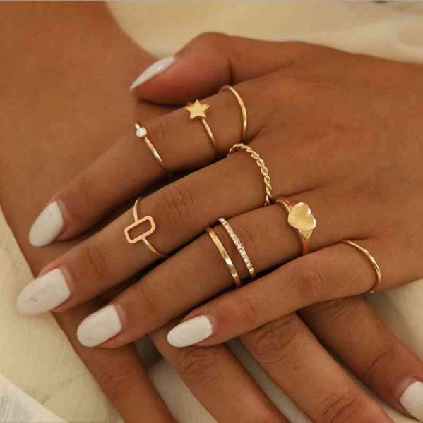 

rings d029 gold simple love star geometric twist ring 8piece set, Silver