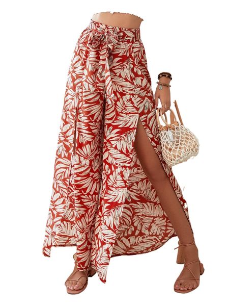 

tropical print split thigh belted wide leg pants l9zc#, Black;white