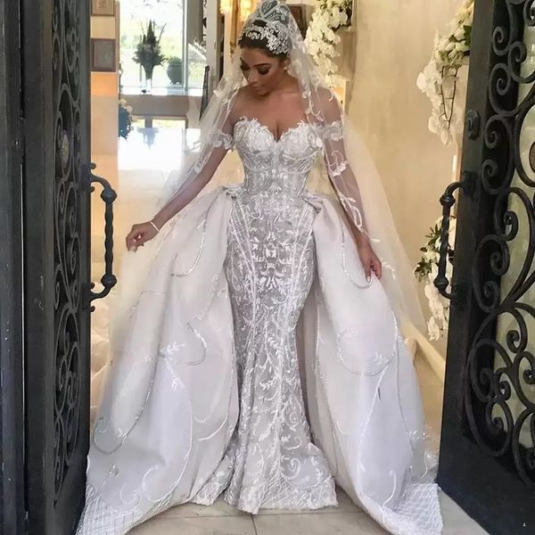 2022 Wunderschöne Meerjungfrau-Hochzeitskleider mit abnehmbarem Zug, schulterfrei, Spitze, Brautkleid, Vestidos, rückenfrei, Dubai-Hochzeitskleid