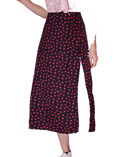 

romwe ditsy floral split thigh skirt 514l#, Black