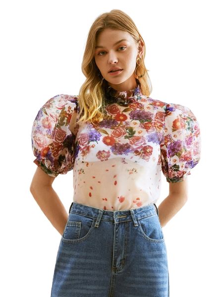

floral print puff sleeve sheer organza blouse y8my#, White