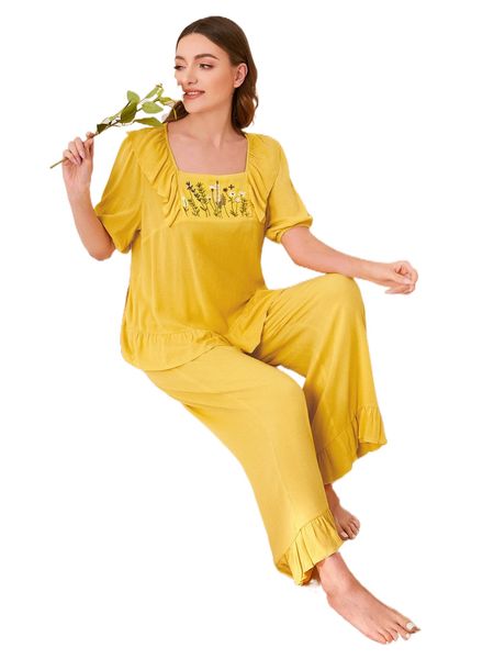 

floral embroidery square neck lantern sleeve ruffle hem pj set w3xh#, Black;red