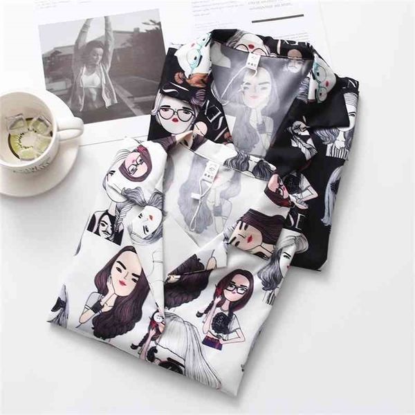 

harajuku spring summer cartoon print blouse women short sleeve shirts fashion turn-down collar leisure shirt 210702, White