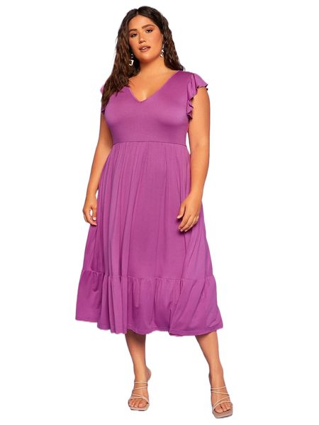 

evolu plus solid ruffle trim dress n5uy#, Black