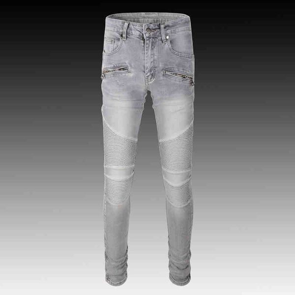 

men's jeans trendy brand punk style worn grey jeans men's splicing slim legged motorcycle pants men oomc, Blue