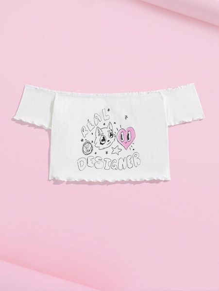 

x nonfatmelk letter graphic off the shoulder lettuce trim tee o1zf#, White