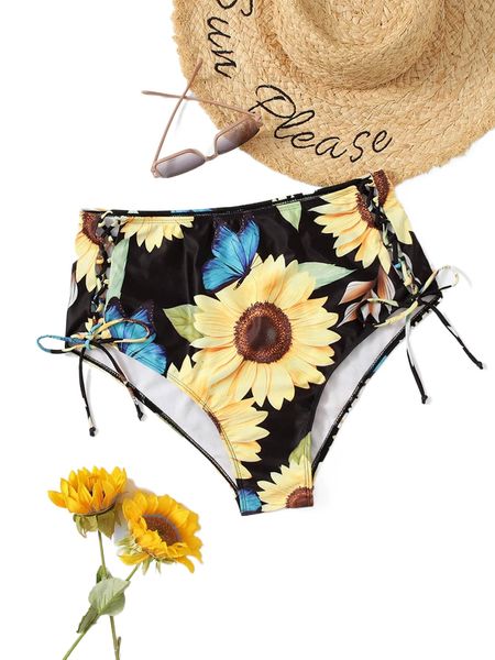 

plus sunflower print lace up front high waist bikini bottom 01bn#, Black