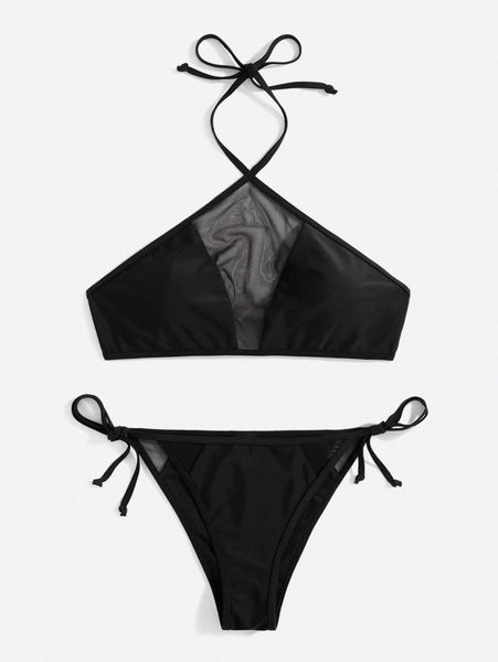

contrast mesh halter tie side bikini swimsuit o4xd#, White;black