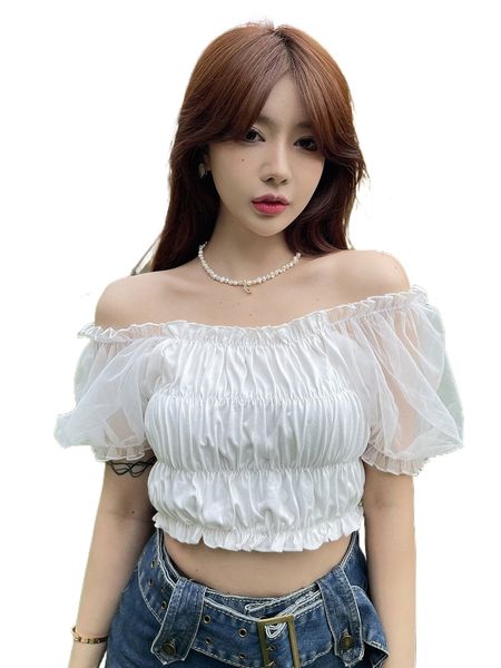 

dazy contrast mesh puff sleeve frill trim crop a8bb#, White