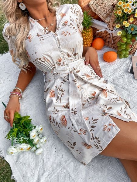 

random plant print puff sleeve belted dress y90f#, Black;gray