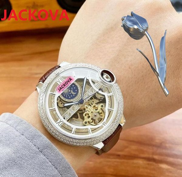 Grandes Double Diamonds Anel Mens Automático Relógios Mecânicos 46mm 904L Caixa De Aço Inoxidável Pulso de Pulso Sapphire Genuine Black Brown Leather Watch Presentes de Natal