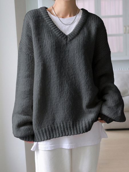 

dazy solid v-neck drop shoulder sweater n7q3#, White;black