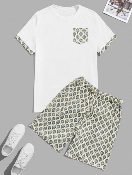 

men graphic print pocket front tee & drawstring waist shorts l4mn#, Gray