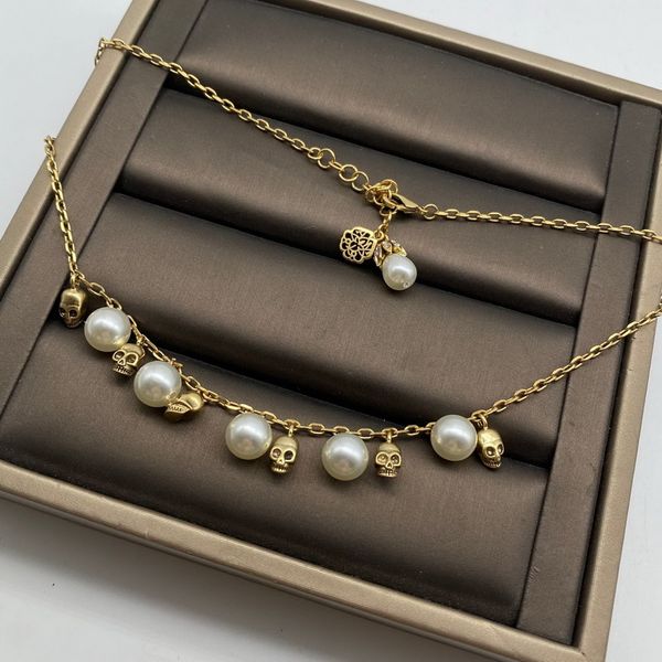 

new designed skulls pearls pendants women's necklace ladies vintage brass pearly necklaces designer jewelry, Silver