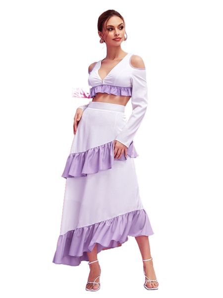 

x nayik ruffle hem cold shoulder & ruffle hem skirt set v9hf#, White