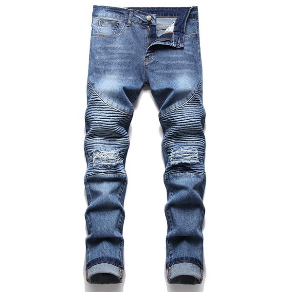 2022 nuovi jeans da motociclista strappati blu pantaloni da uomo skinny pieghettati elasticizzati casual da uomo High Street Vaqueros de hombre