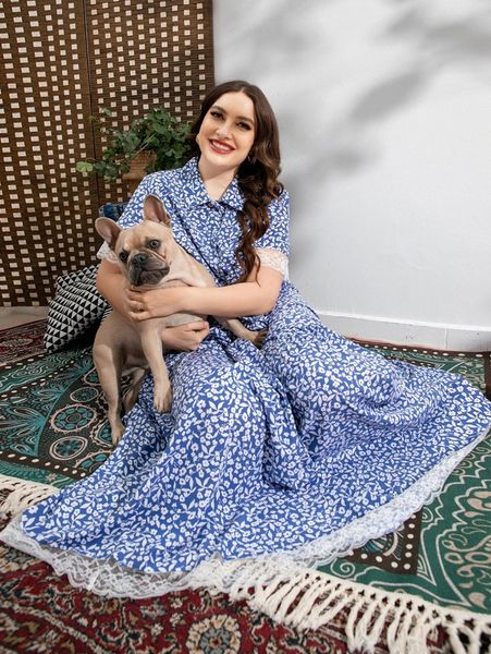 

plus allover floral print lace trim dress f5z4#, Black