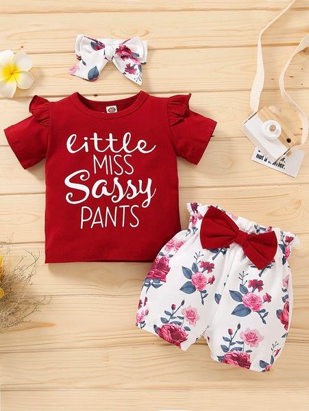 

toddler girls letter graphic tee & floral shorts & headband she02, White