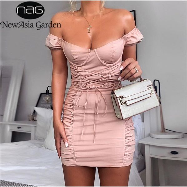 NewAsia Abito da festa con maniche a sbuffo Abito estivo da donna con spalle scoperte Abito aderente sexy Corsetto Stringato Mini abito increspato Vestido rosa 210302