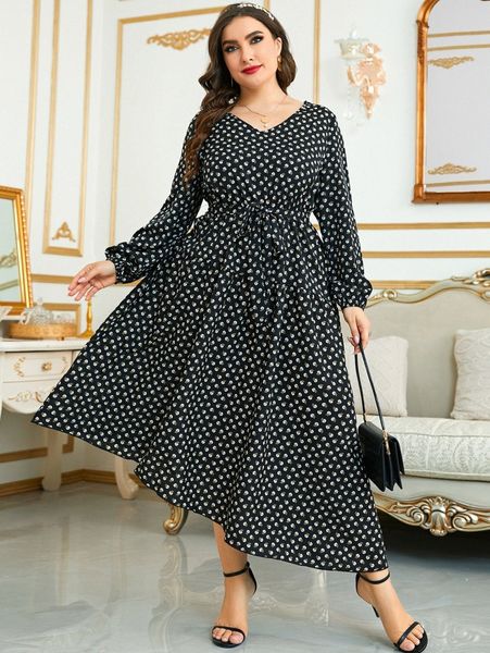 

plus ditsy floral lantern sleeve belted dress q2hu#, Black