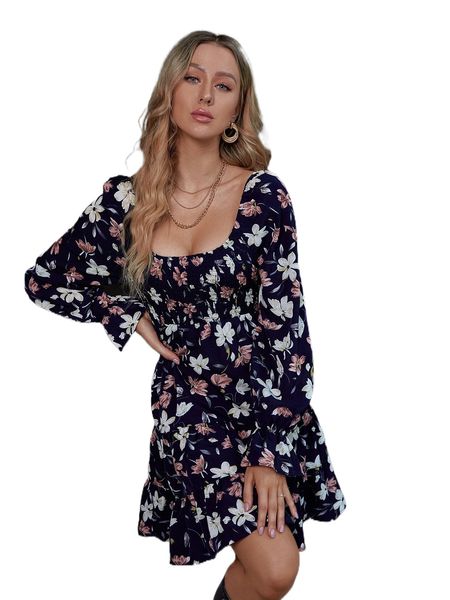 

floral print shirred flounce sleeve ruffle hem dress y933#, Black;gray