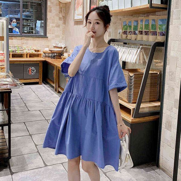 

summer loose pregnant women dress short sleeves oneck drawstring waist maternity cotton linen dress ball gown dresses green blue j220628, White