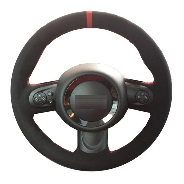 Lenkradabdeckungen aus schwarzem Wildleder mit rotem Marker, handgenähte Autoabdeckung für Mini Coupe Cooper Clubman Roadster 2004–2022
