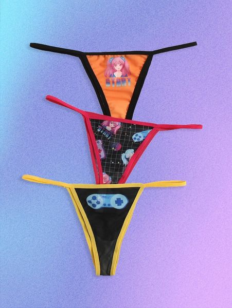 

romwe anime 3pack cartoon graphic contrast binding thong k0dk#, Black;red