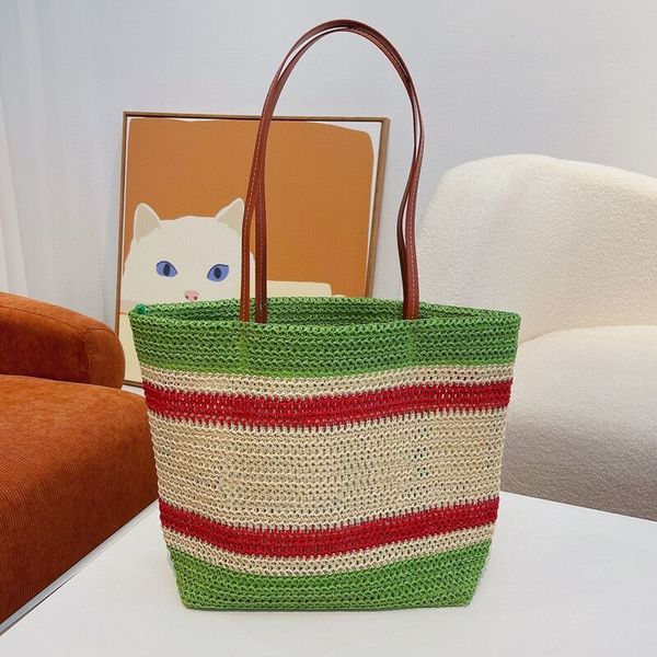 

big womens raffia tote female shoulder bags large size weave stripe splicing green straw bags lady shoulders handbag for women beach hobos b
