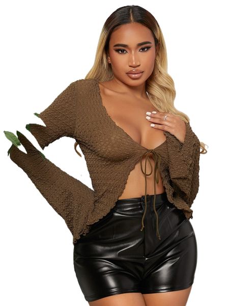 

sxy solid flounce sleeve tie front tee k4yv#, White