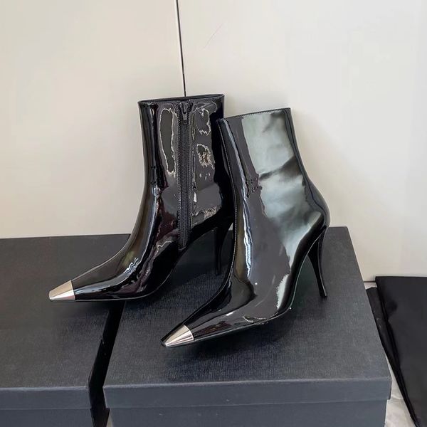 

r women's boots high heels black smooth leather metal head zipper ankle boots