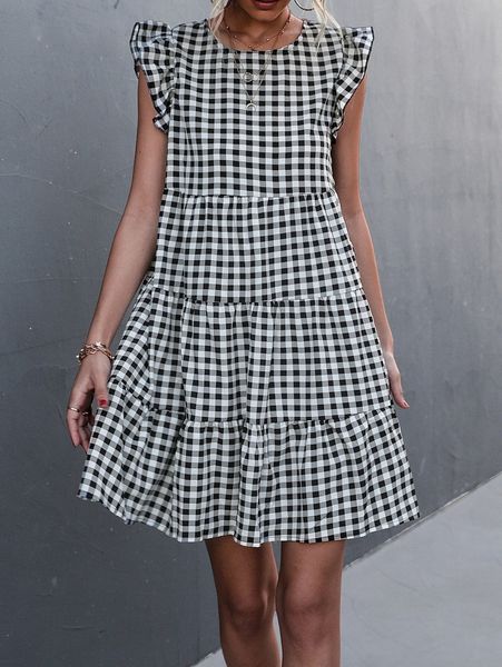 

gingham butterfly sleeve ruffle hem dress j5nw#, Black;gray