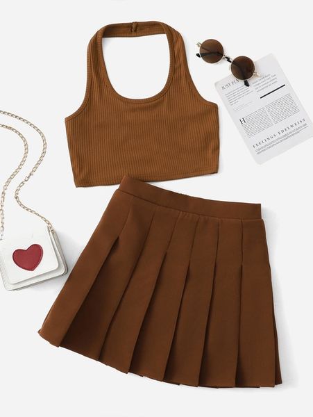 

girls crop halter & pleated hem skirt set she, White
