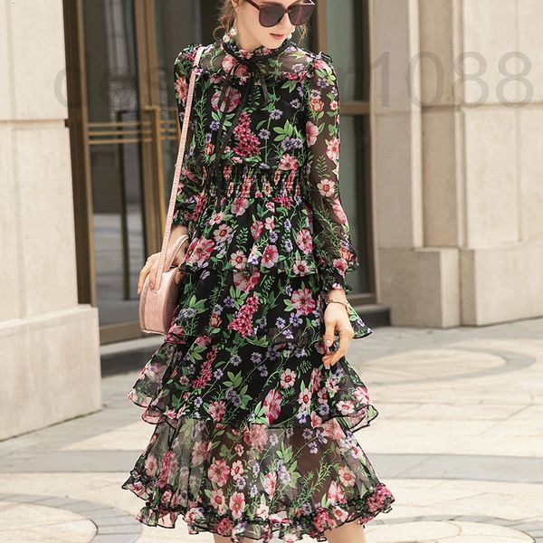 

casual dresses designer spring and summer printed elastic waist collar lace up elegant chiffon long cake dress po81, Black;gray