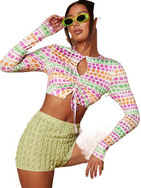 

polka dot print cut out drawstring ruched crop tee s8oe#, White