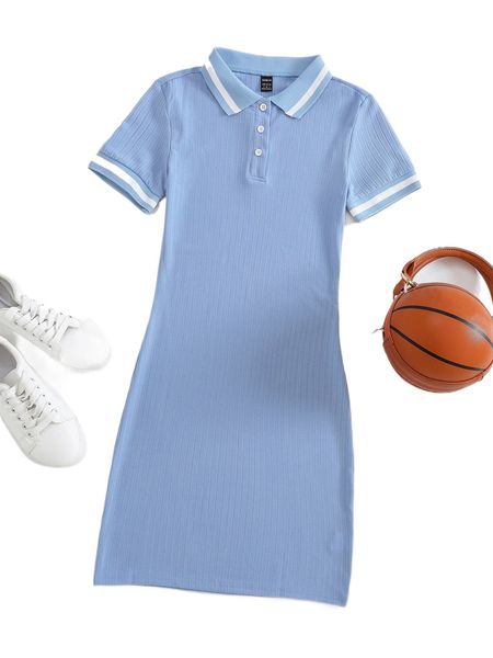 

polo collar rib-knit dress d8ad#, Black;gray