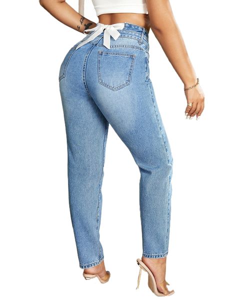 

button fly tie back tapered jeans 28l8#, Blue