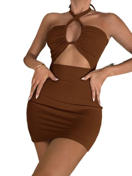 

halterneck tied backless cut-out bodycon dress 71sm#, Black;gray