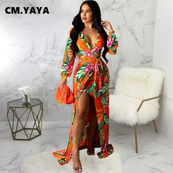 

cm.yaya women long dress print full sleeve v-neck bandage sashes splited maxi dresses vestidos fashion party outfit autumn 220516, Black;gray